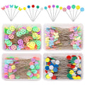 Colorful flat head straight sewing pins in clear storage box, flower and butterfly heads