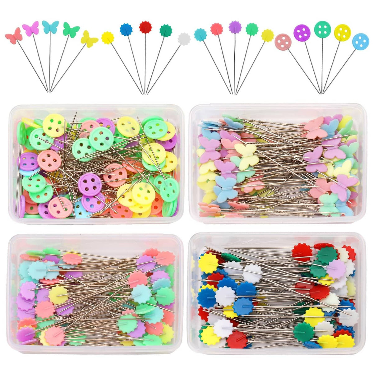 Colorful flat head straight sewing pins in clear storage box, flower and butterfly heads