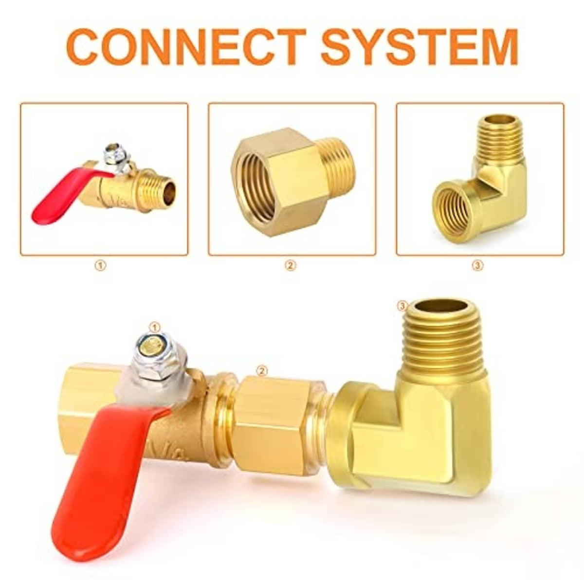 Brass 90-degree street elbow pipe fitting with threaded ports shown in use diagram