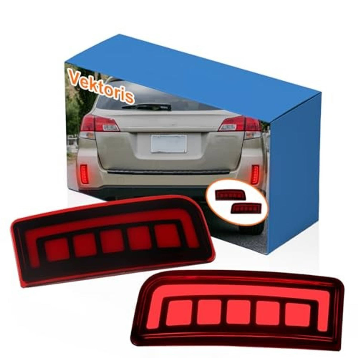 Pair of red LED rear bumper reflector lights, rectangular with segmented red lens