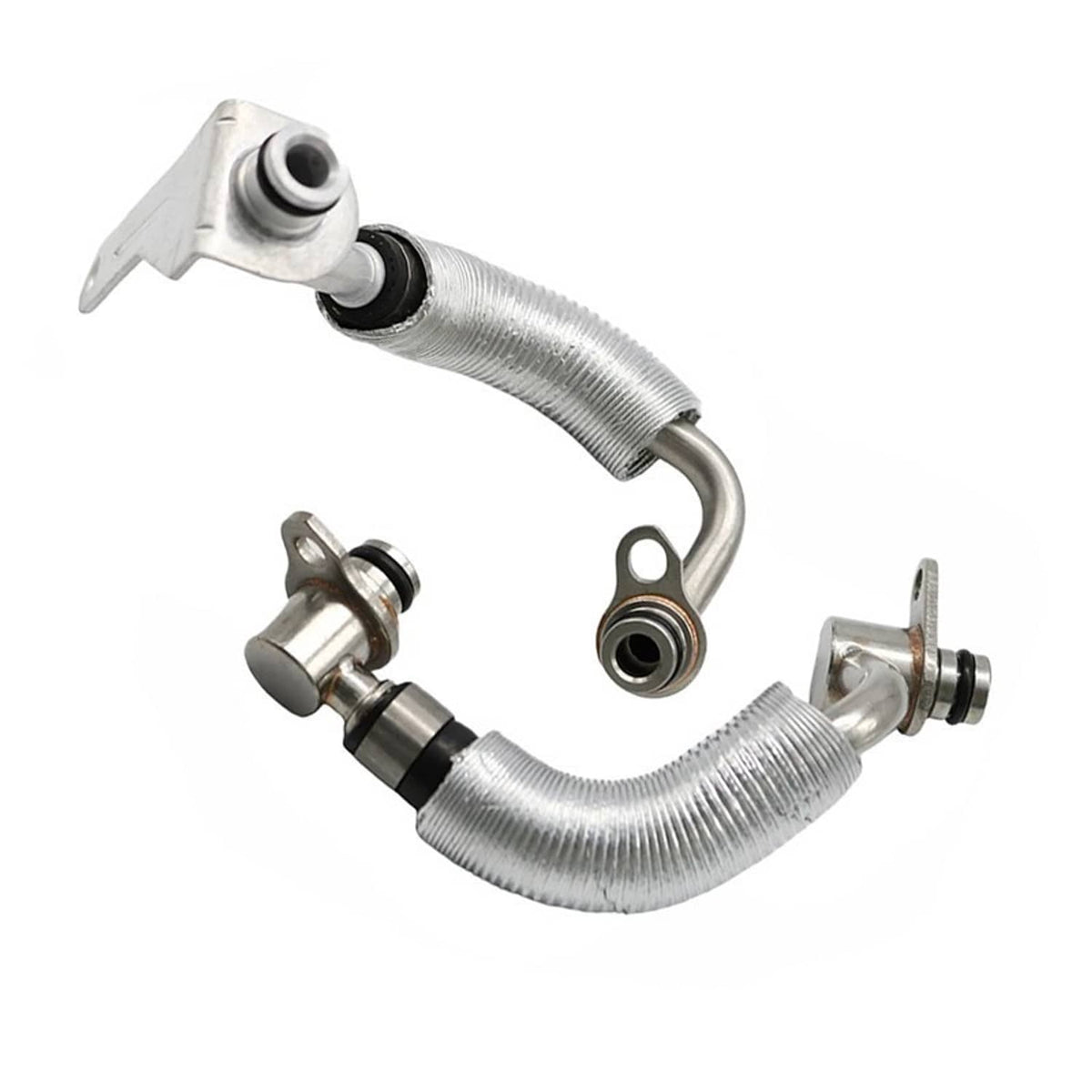 Turbo coolant hose pipe with metal fittings and clamps, silver braided finish