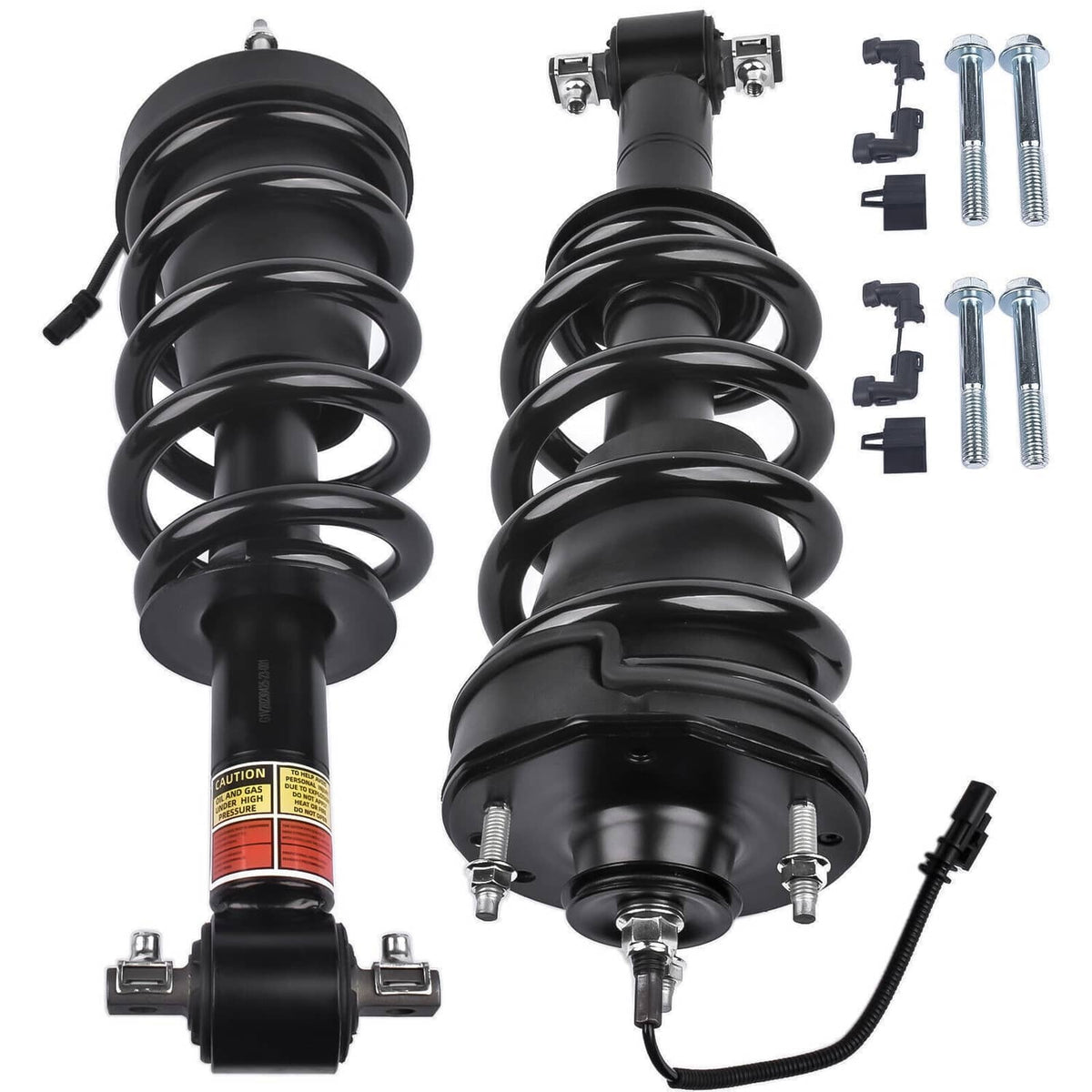Front shock strut pair with coil springs, top mounts, bolts, and electrical plug