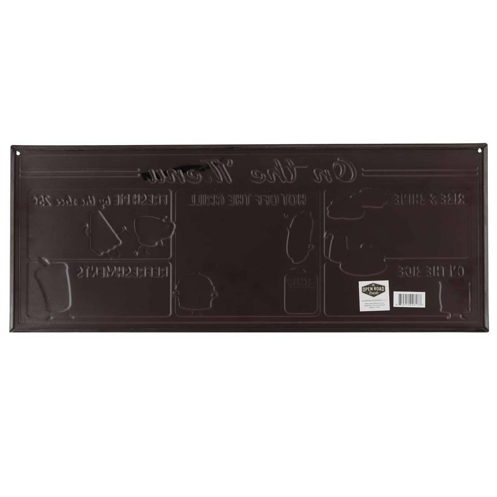 Back side of embossed metal menu sign in dark finish with raised pattern