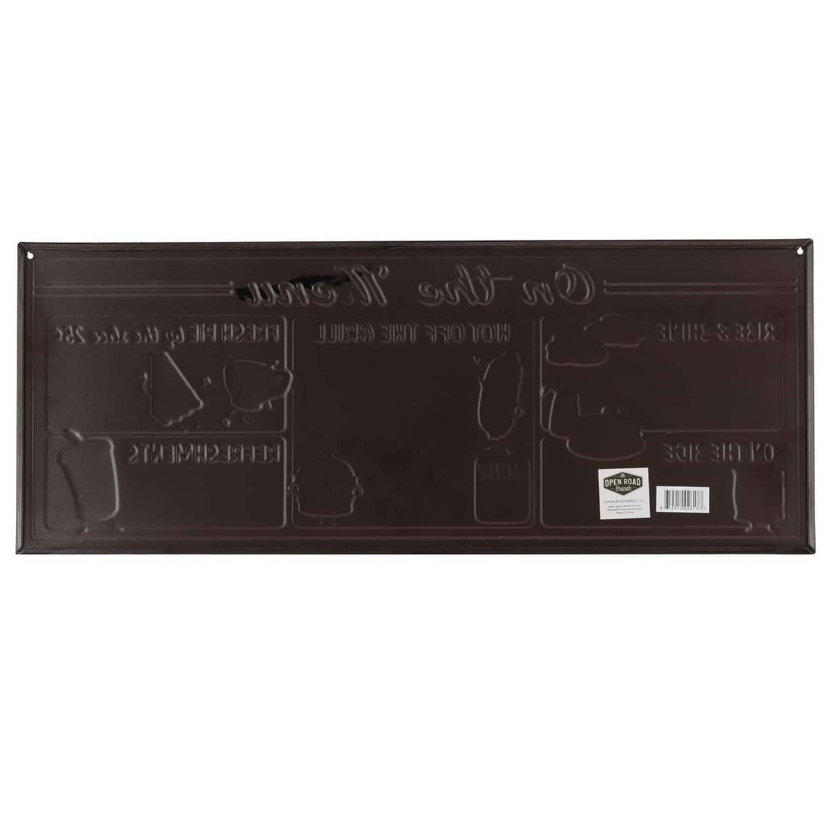 Back side of embossed metal menu sign in dark finish with raised pattern