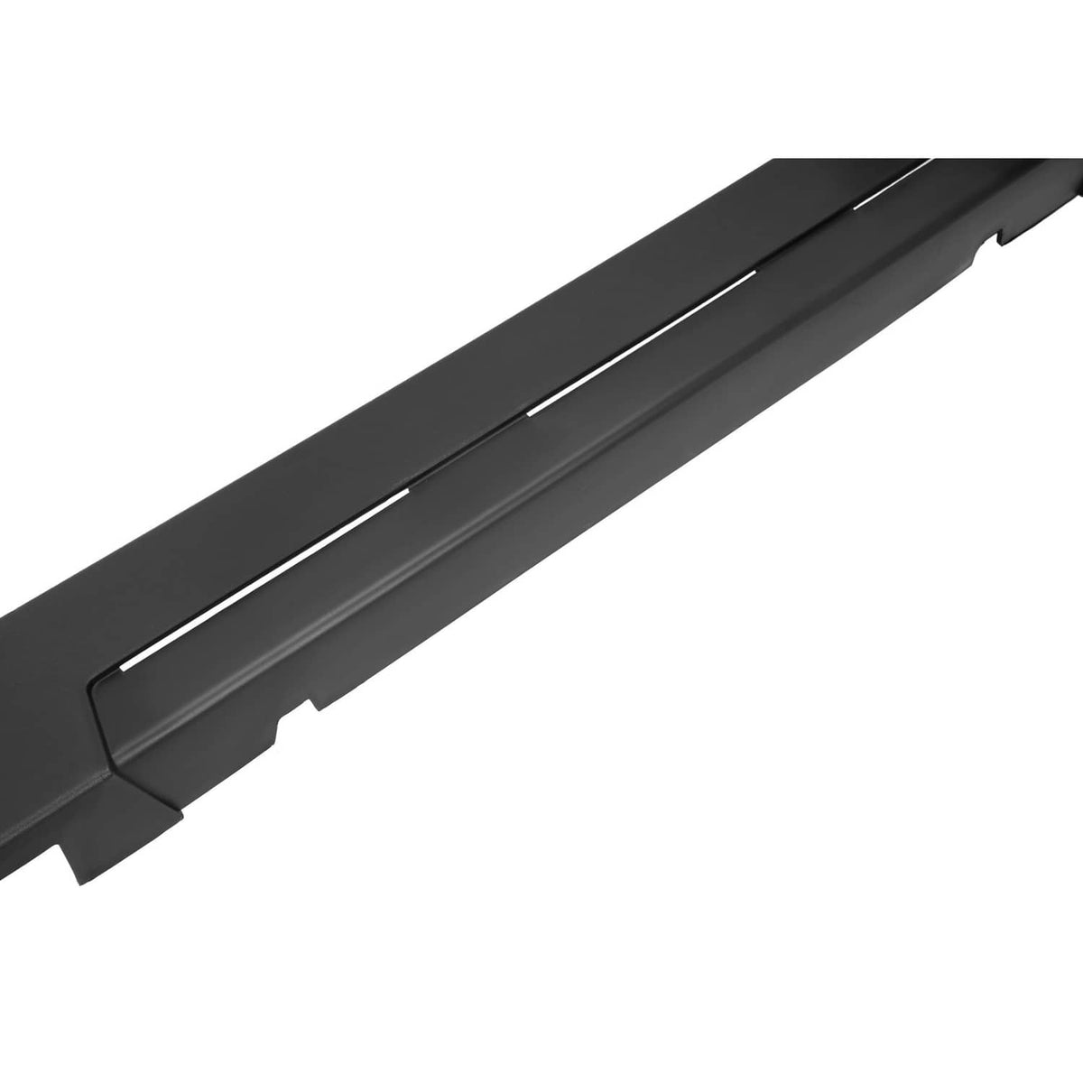 Close-up of black rocker panel with long recessed channel detail.