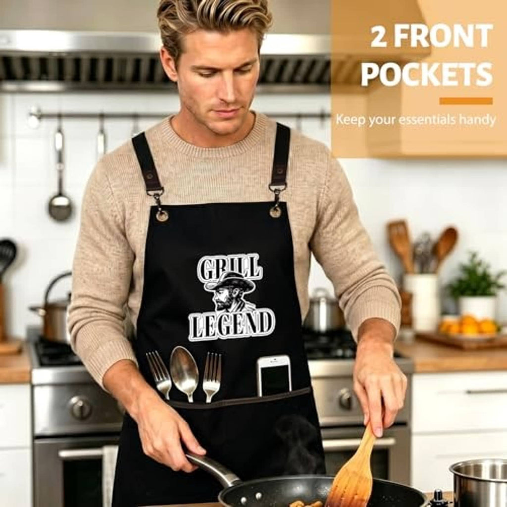 Black Grill Legend apron with two front pockets and adjustable cross-back straps.