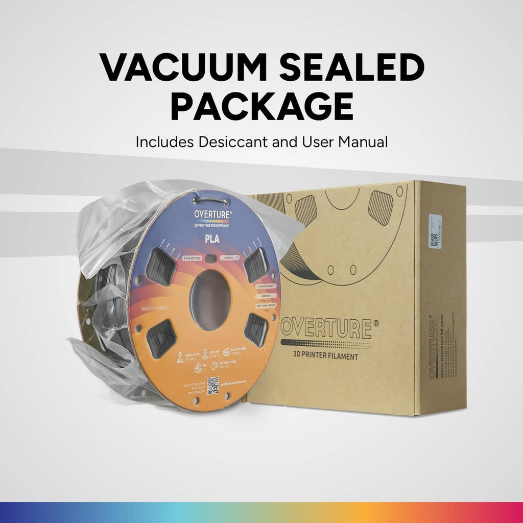 Vacuum-sealed package containing a light gray PLA filament spool and cardboard box.