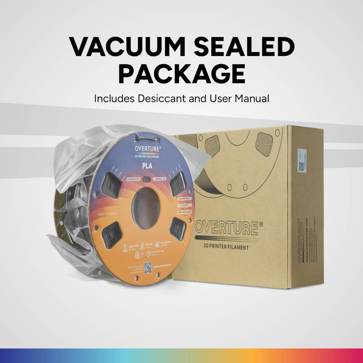Vacuum-sealed package containing a light gray PLA filament spool and cardboard box.