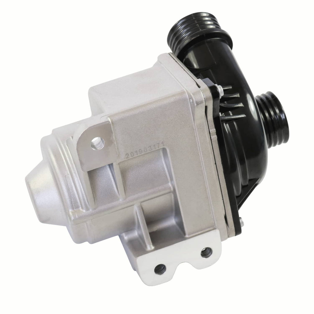 Electric water pump, close-up angled back, silver housing with black ribbed components
