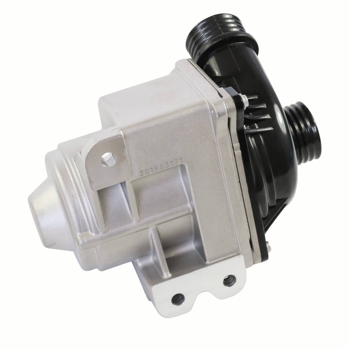 Electric water pump, close-up angled back, silver housing with black ribbed components