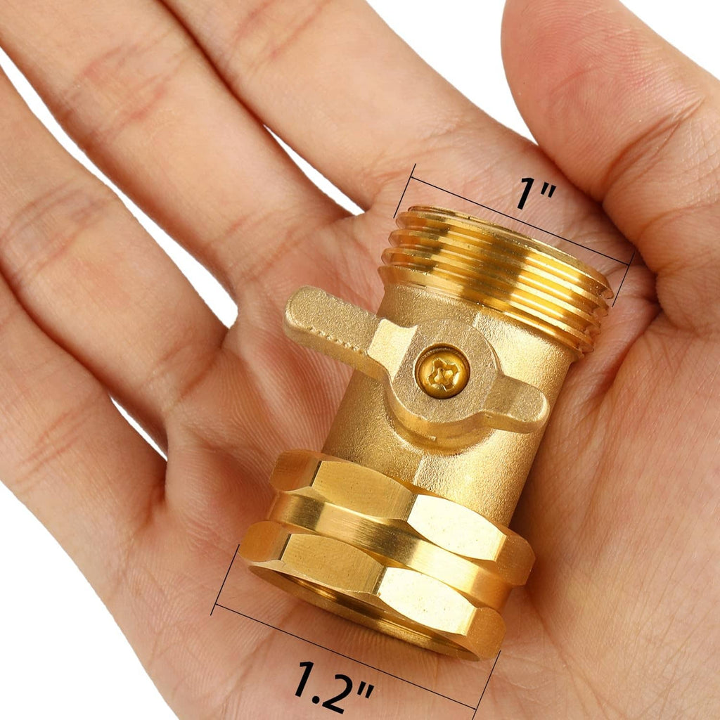 Brass garden hose shut off valve with extended lever handle, threaded connector, held in hand