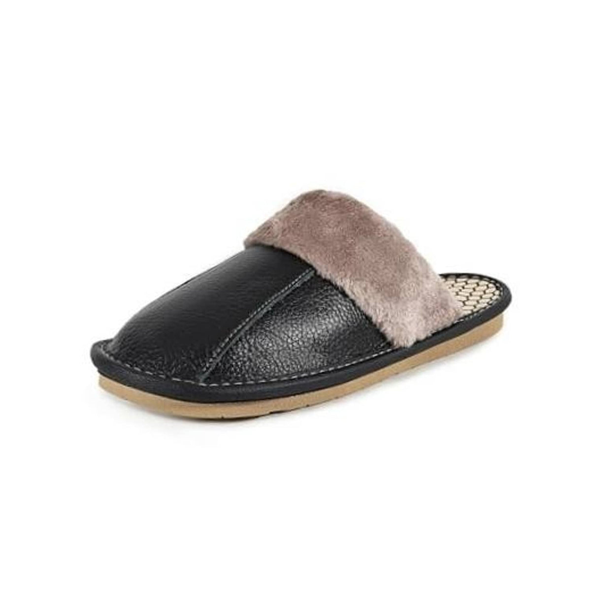 Unisex black leather slippers with plush taupe lining and cushioned sole.