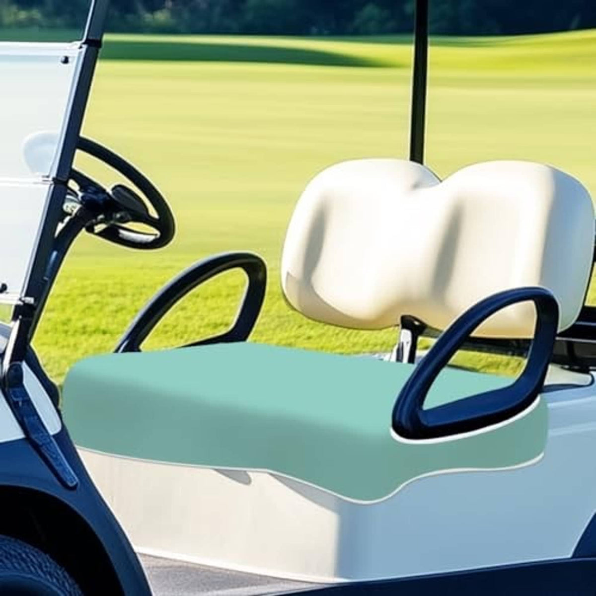 Mint microfiber seat cover blanket on golf cart bench with armrest cutouts