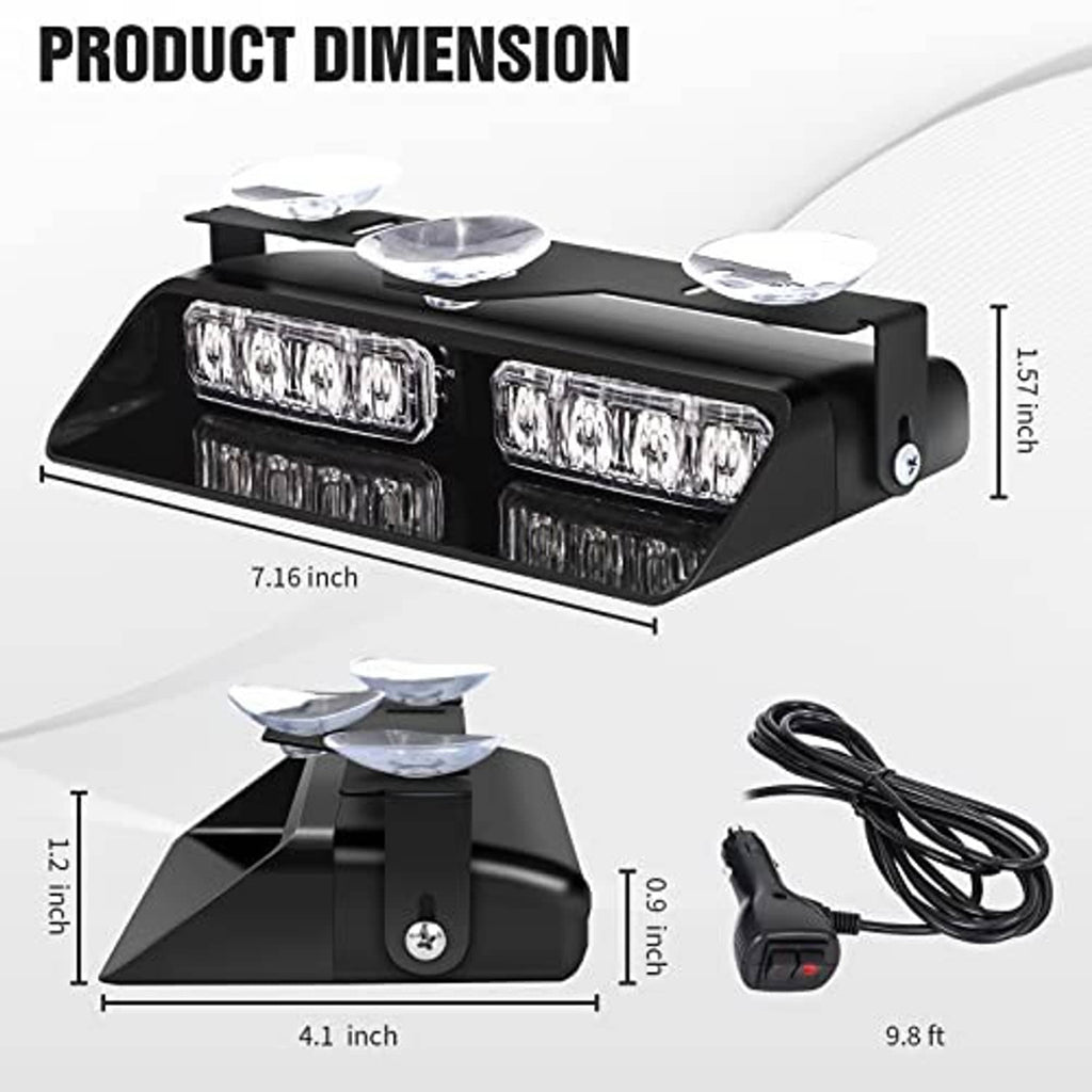Dash strobe LED emergency light bar with suction mounts, multiple amber and white modules
