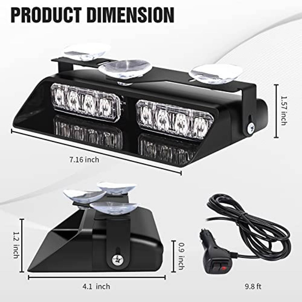 Dash strobe LED emergency light bar with suction mounts, multiple amber and white modules