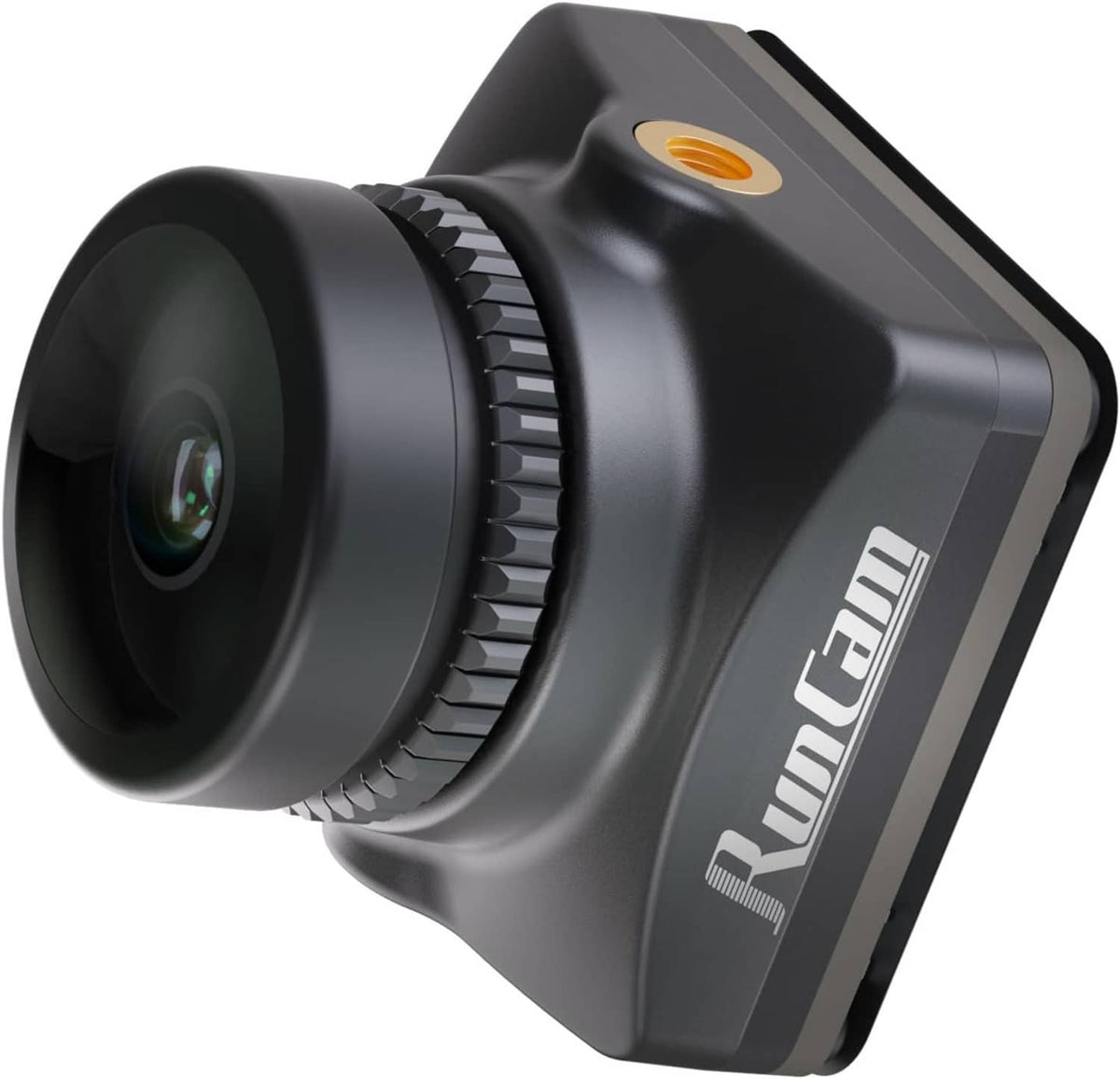 FPV camera side view with lens hood, dark gray body and RunCam label