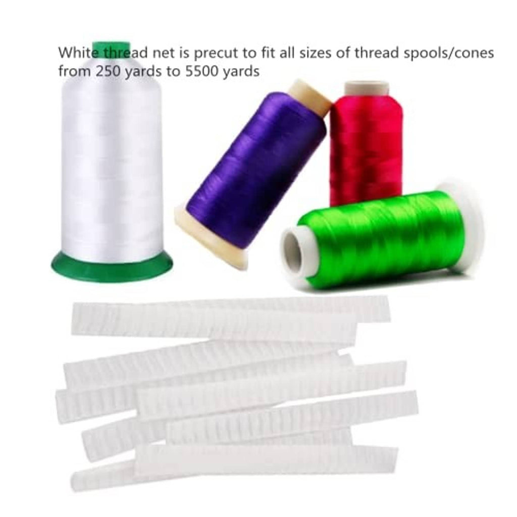 White thread net mesh spool cover with colored thread spools and flat mesh strips