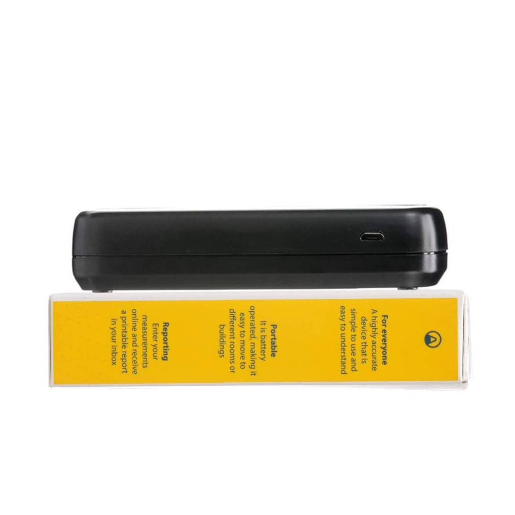 Black radon detector side view with button area and retail box behind