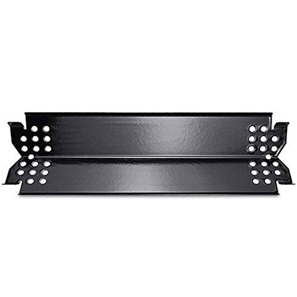 Black grill heat plate with raised channels and perforated end mounting brackets