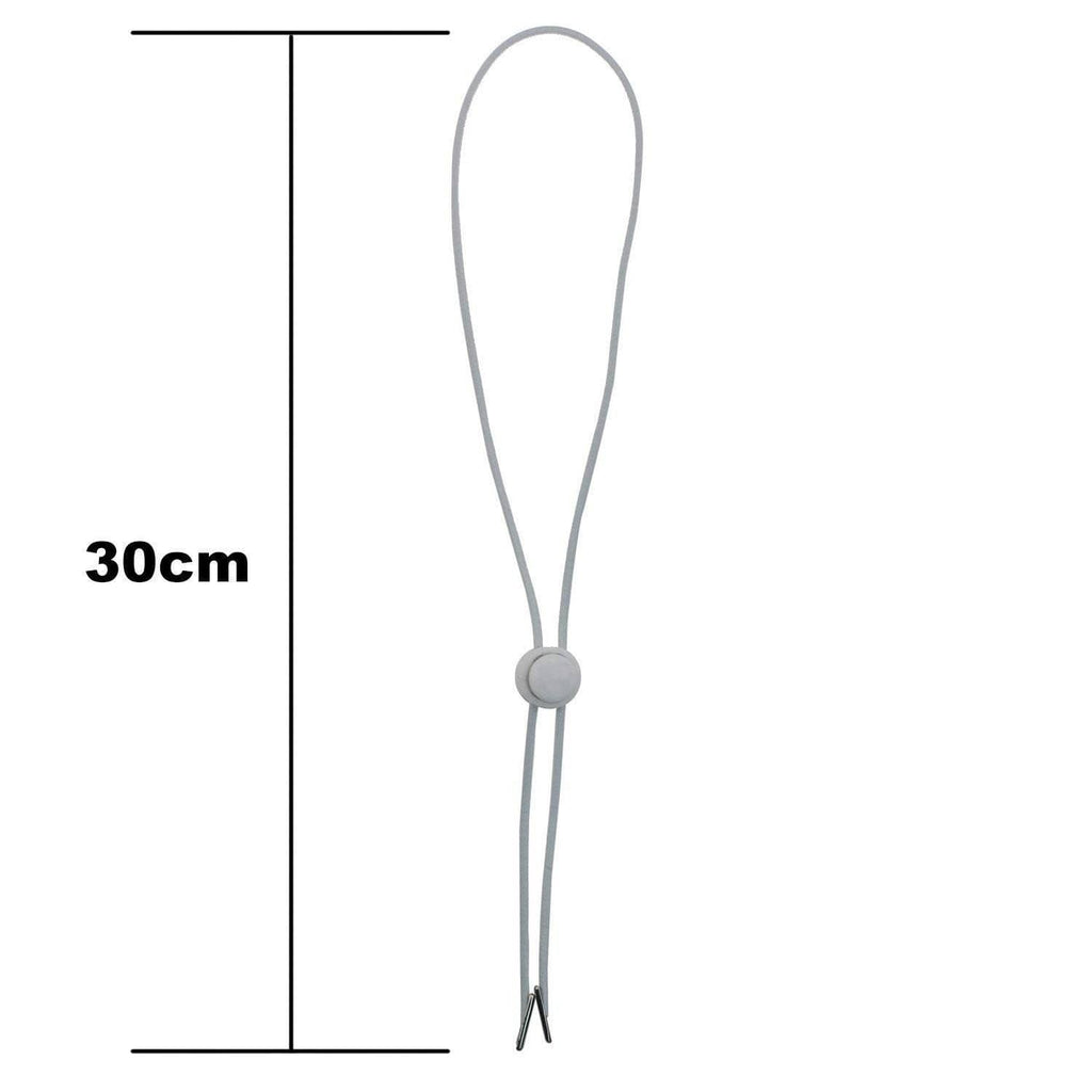 Hat chin strap with light gray cord and round center clip, adjustable knot ends