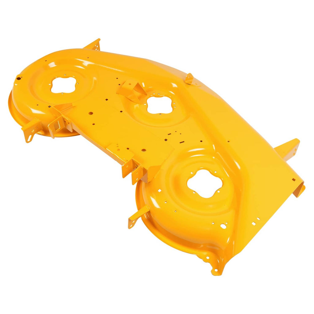 Yellow steel mower deck shell with multiple circular holes and reinforced mounting tabs