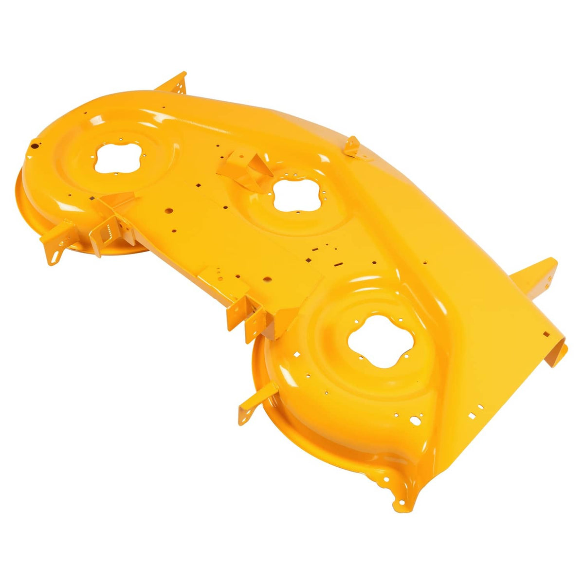 Yellow steel mower deck shell with multiple circular holes and reinforced mounting tabs