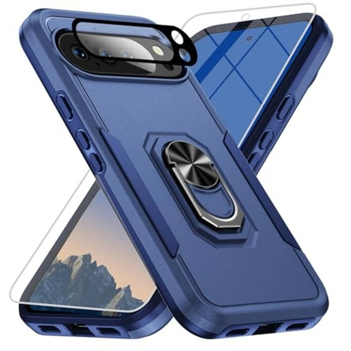 Dark blue rugged phone case with kickstand ring and side button openings