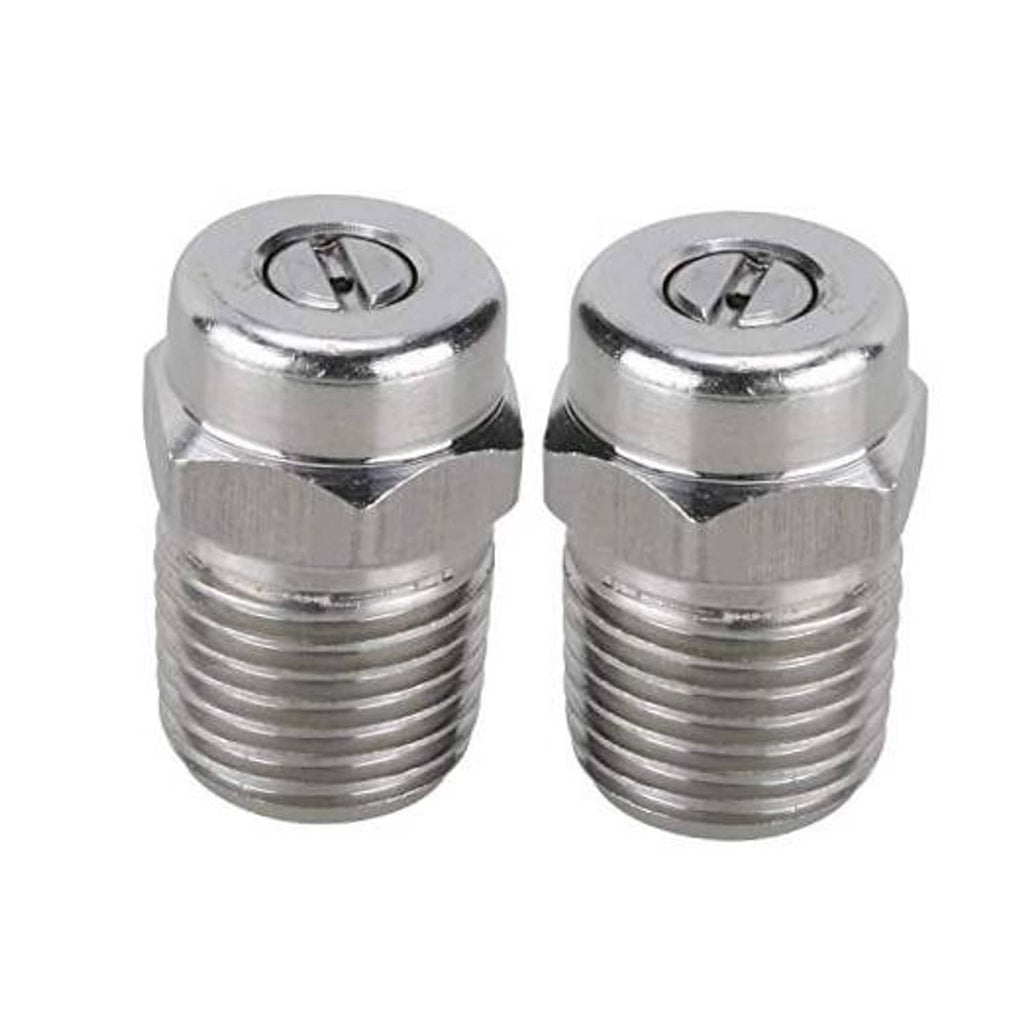 Stainless steel threaded pressure washer nozzle with circular top fitting and spray orifice