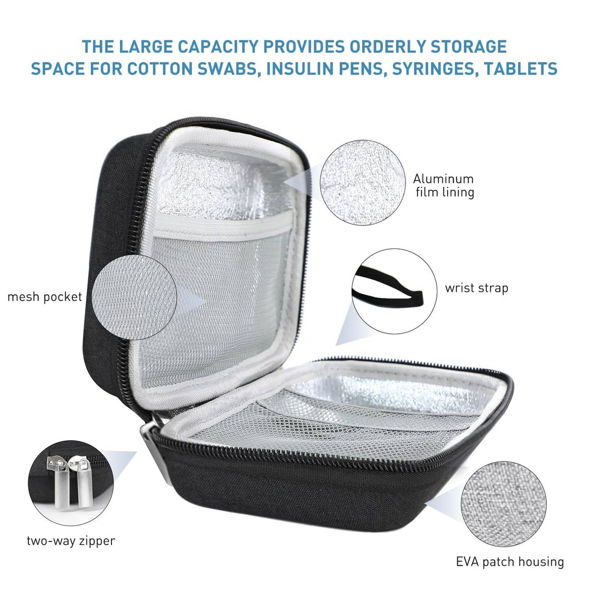 Open black insulated case with mesh pocket, aluminum lining, and two-way zipper.