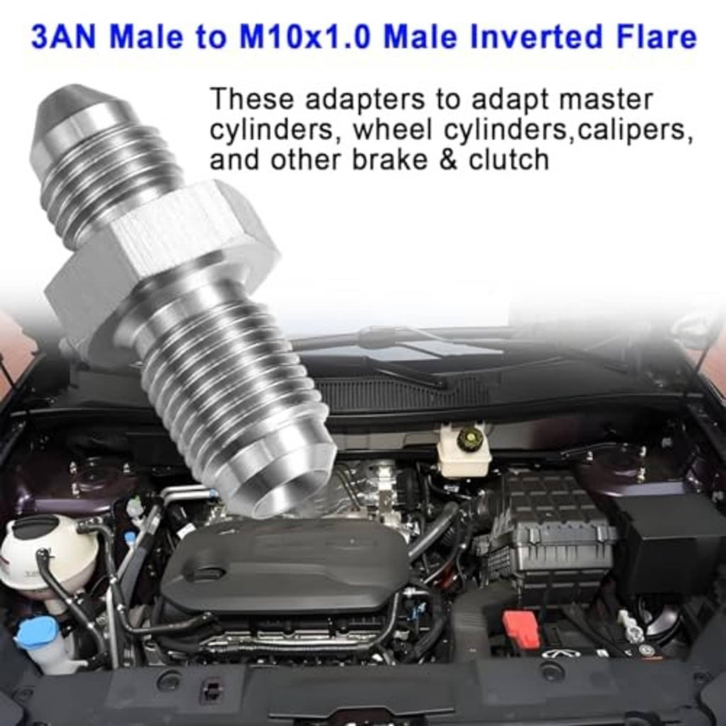 Stainless steel inverted flare brake adapter pair with male threads, installed on vehicle