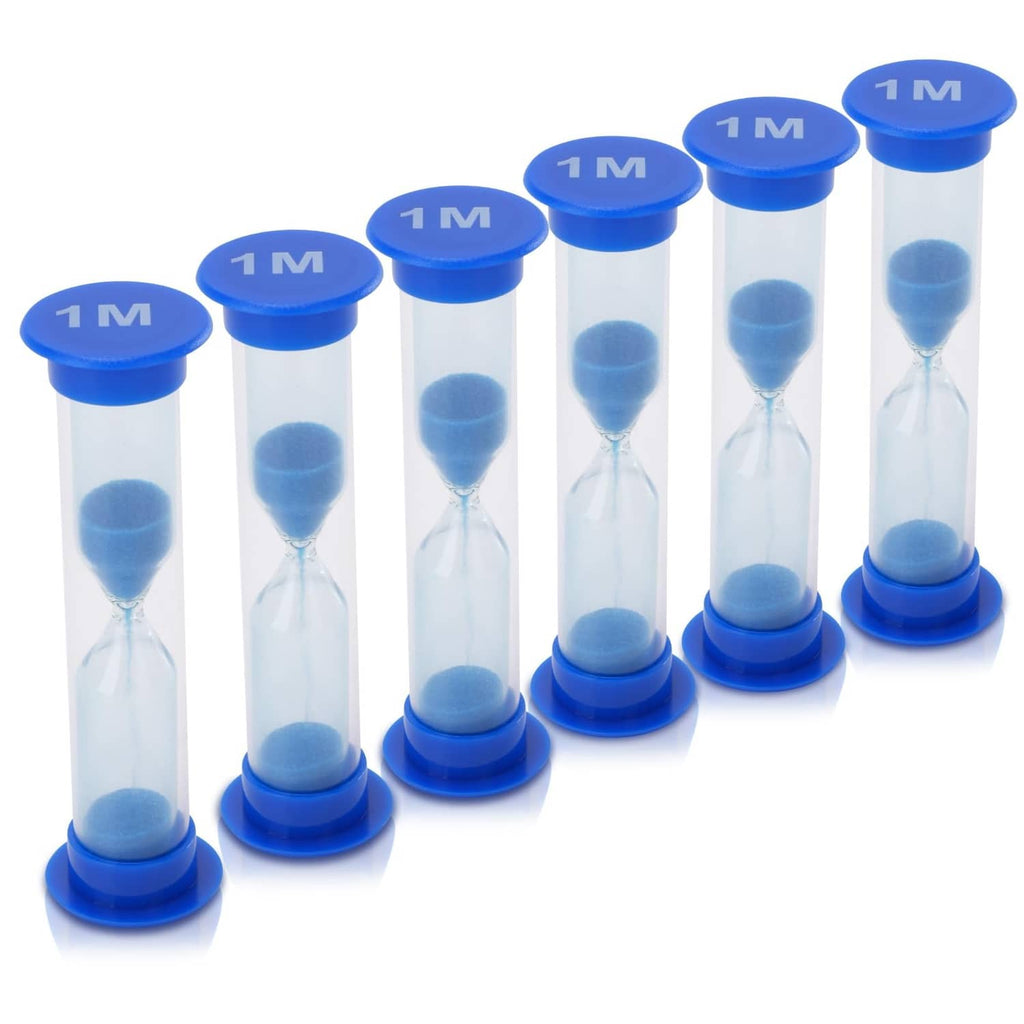 Six plastic sand hourglasses with blue caps and blue sand, arranged in a row