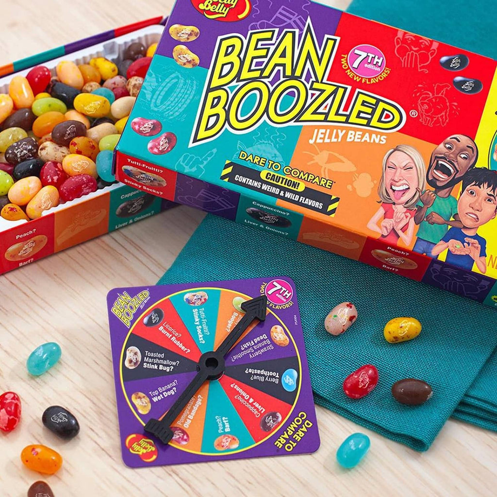 Jelly Belly Bean Boozled gift box with jelly beans and spinner wheel on teal mat