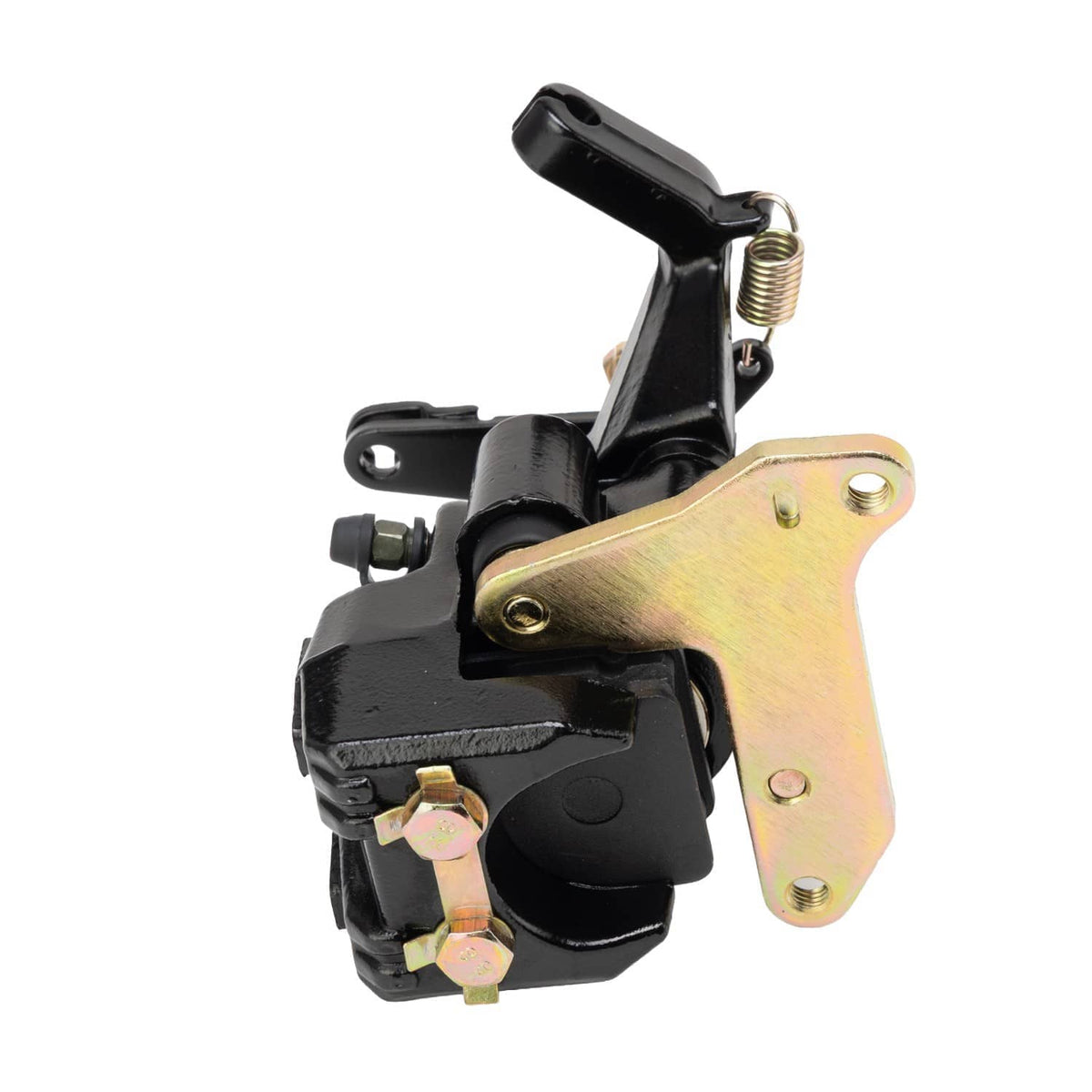 Rear brake caliper with black housing and yellow-gold mounting bracket and hardware