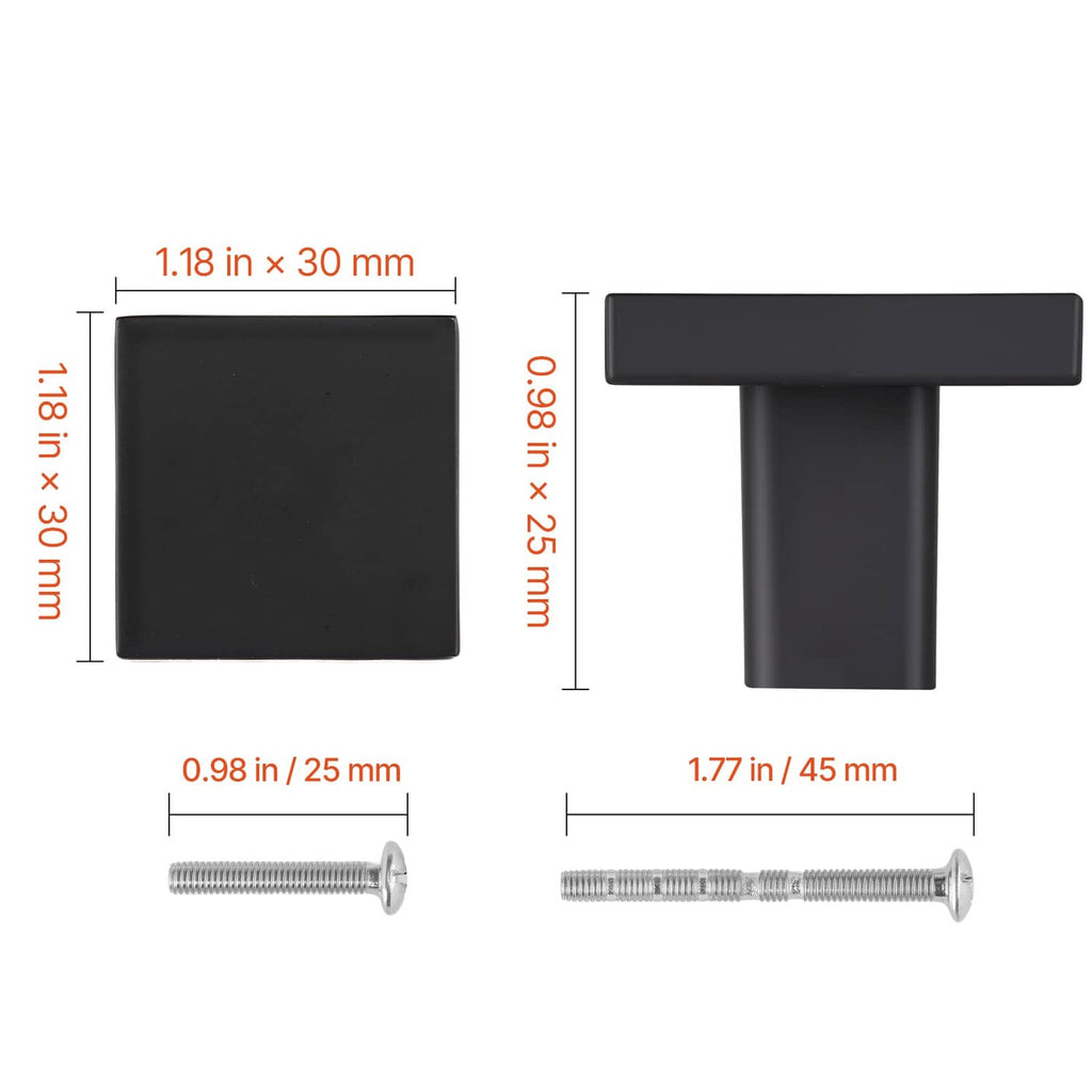 Square black cabinet knob with included screws shown with measurements
