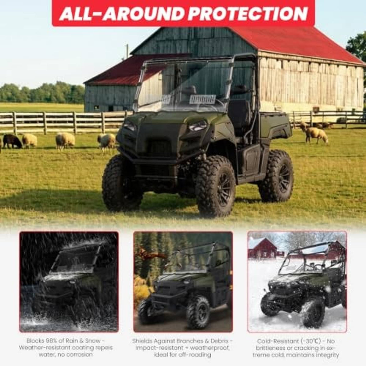 Front UTV windshield with black frame on off-road UTV