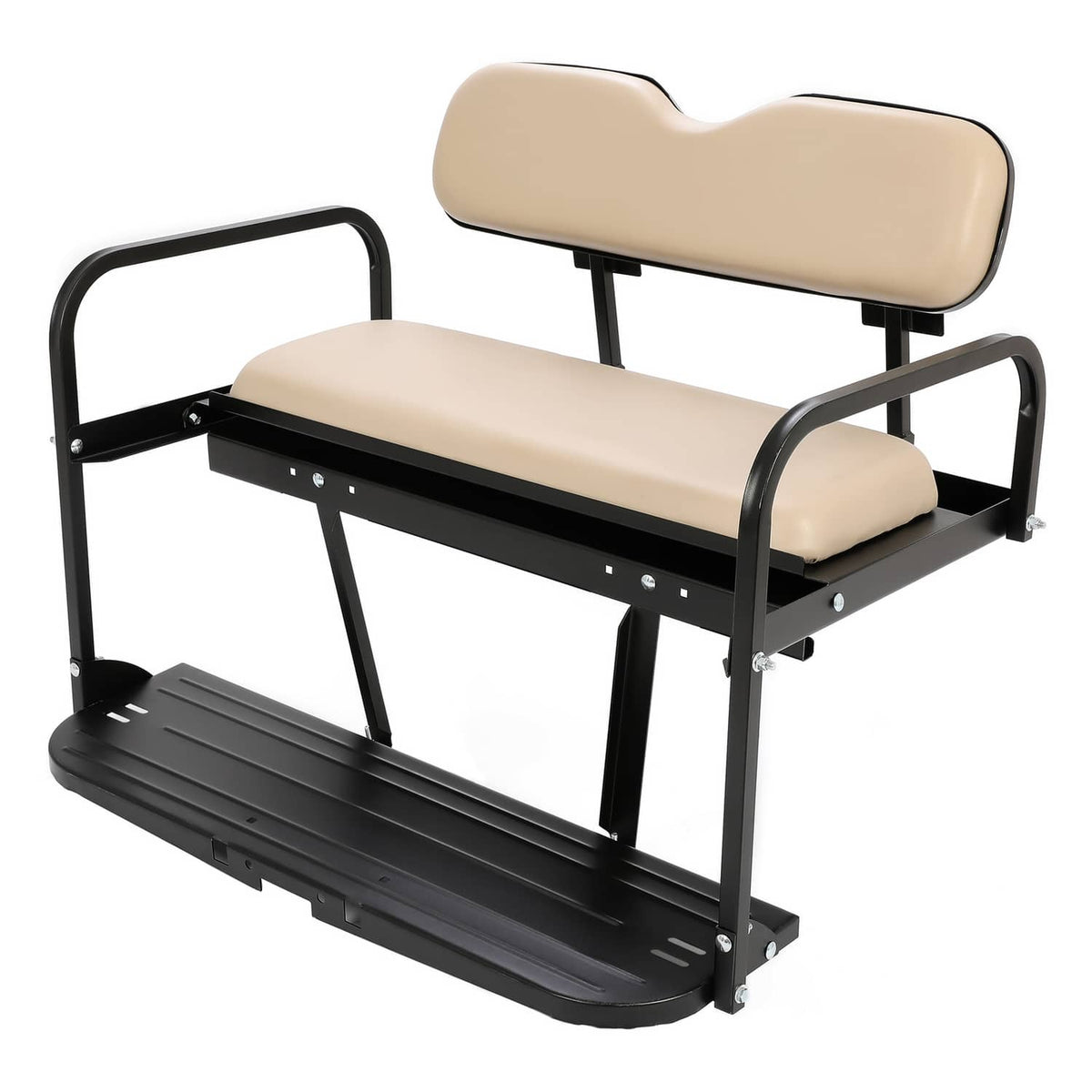 Tan rear back seat with black frame and arm supports, featuring front bench cushion