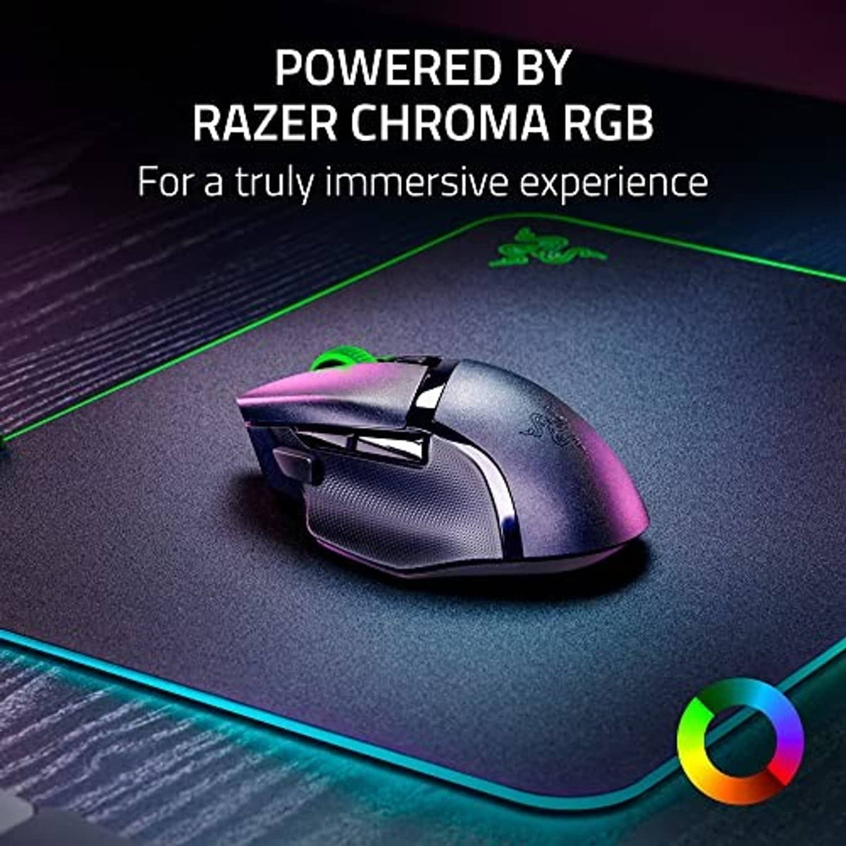 Black gaming mouse with multicolor RGB lighting and textured side grip
