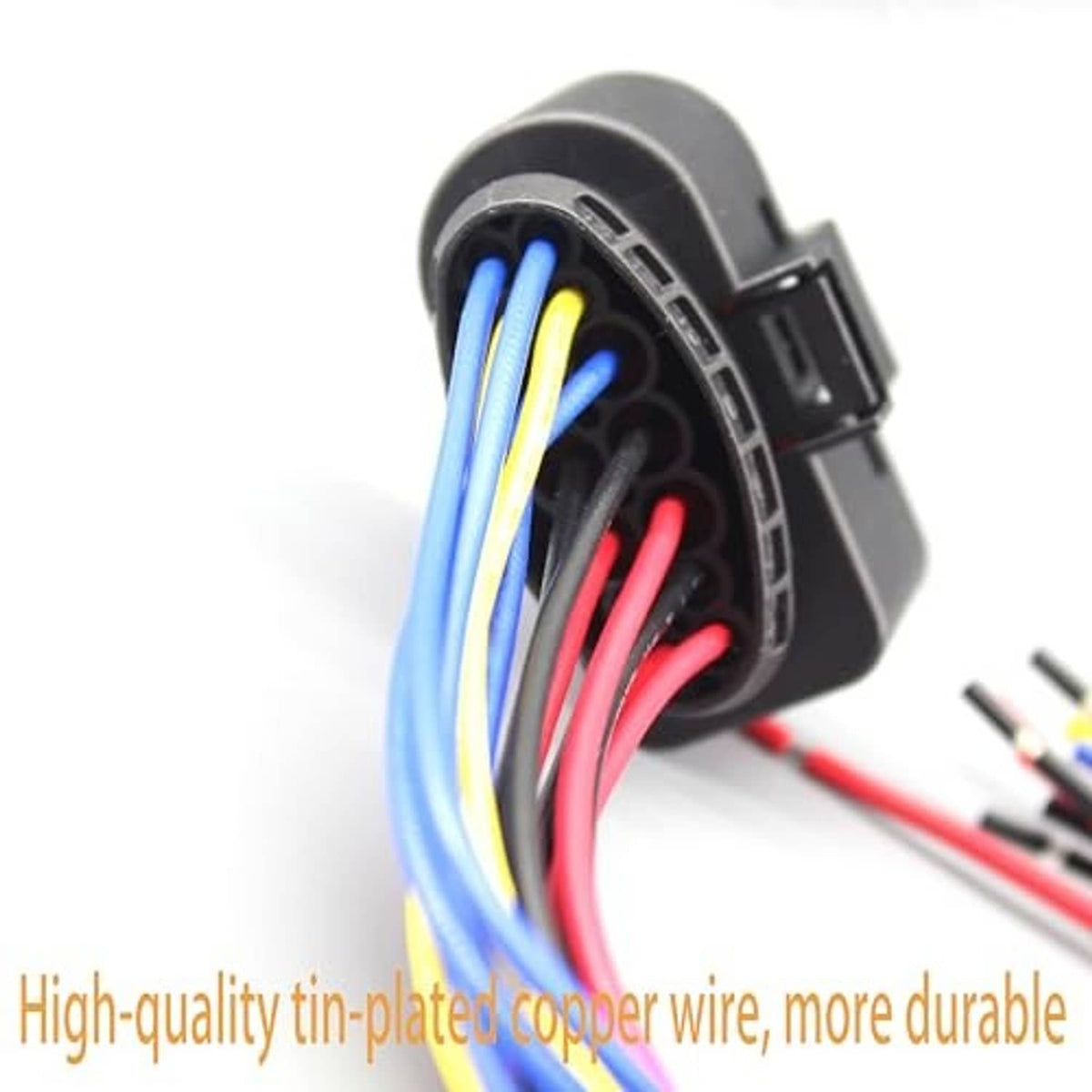 14-pin headlight connector plug with blue and red wire leads, black housing