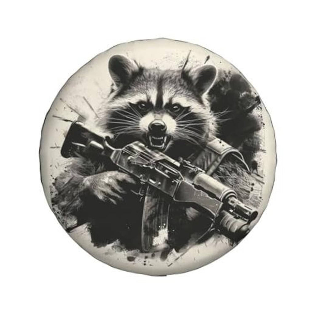 Black-and-white raccoon spare tire cover, raccoon holding a gun