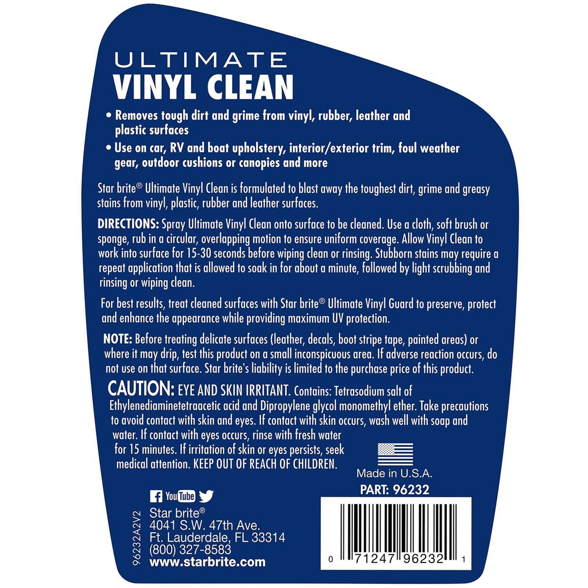 Ultimate Vinyl Clean spray bottle back label with usage and ingredients text