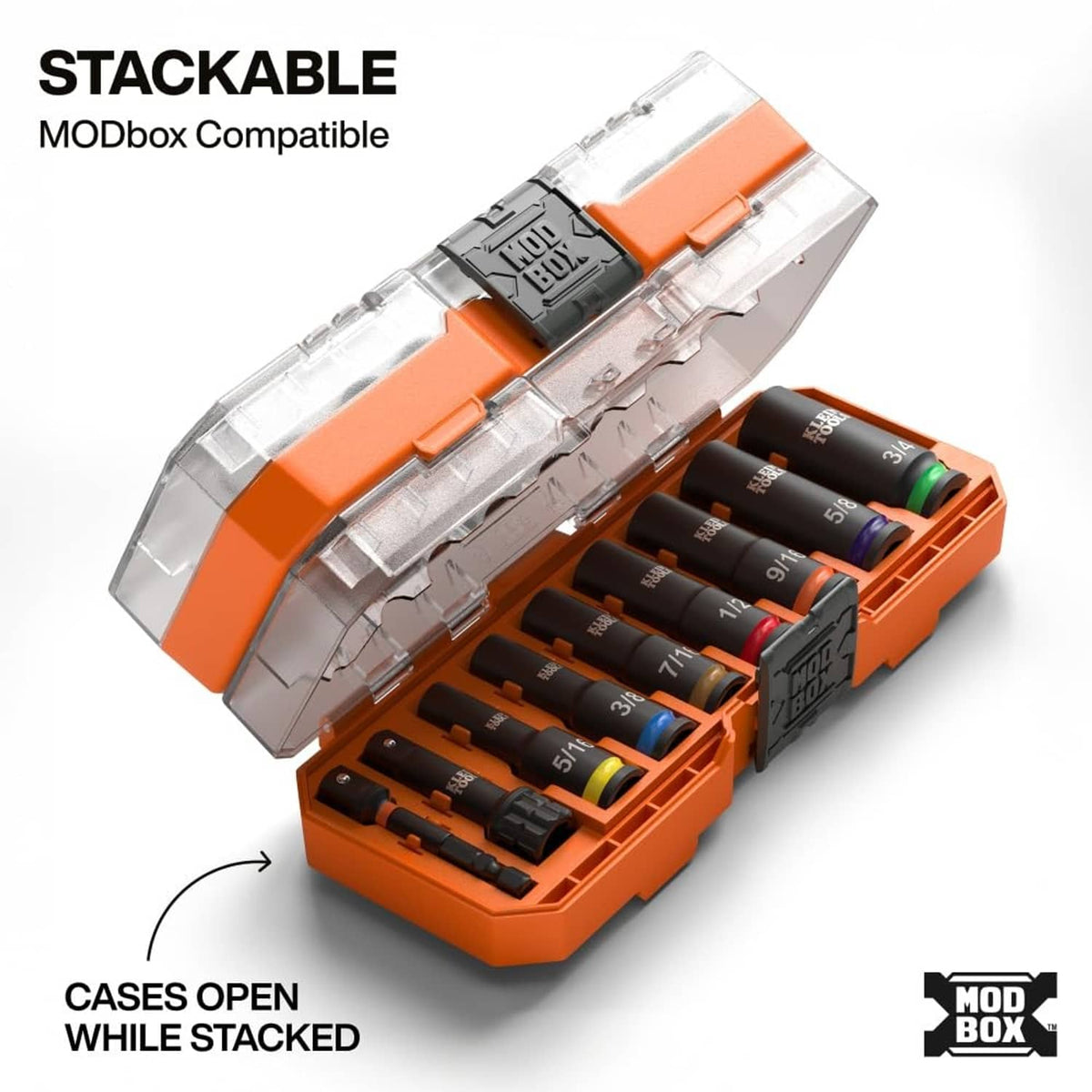 Stackable Modbox-compatible case holding deep-well impact sockets in an orange tray