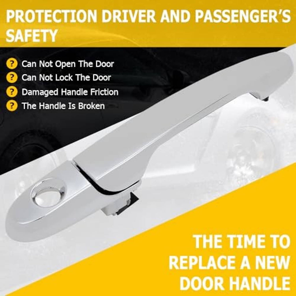 Exterior front right door handle with black latch trim, silver-gray, ready to replace