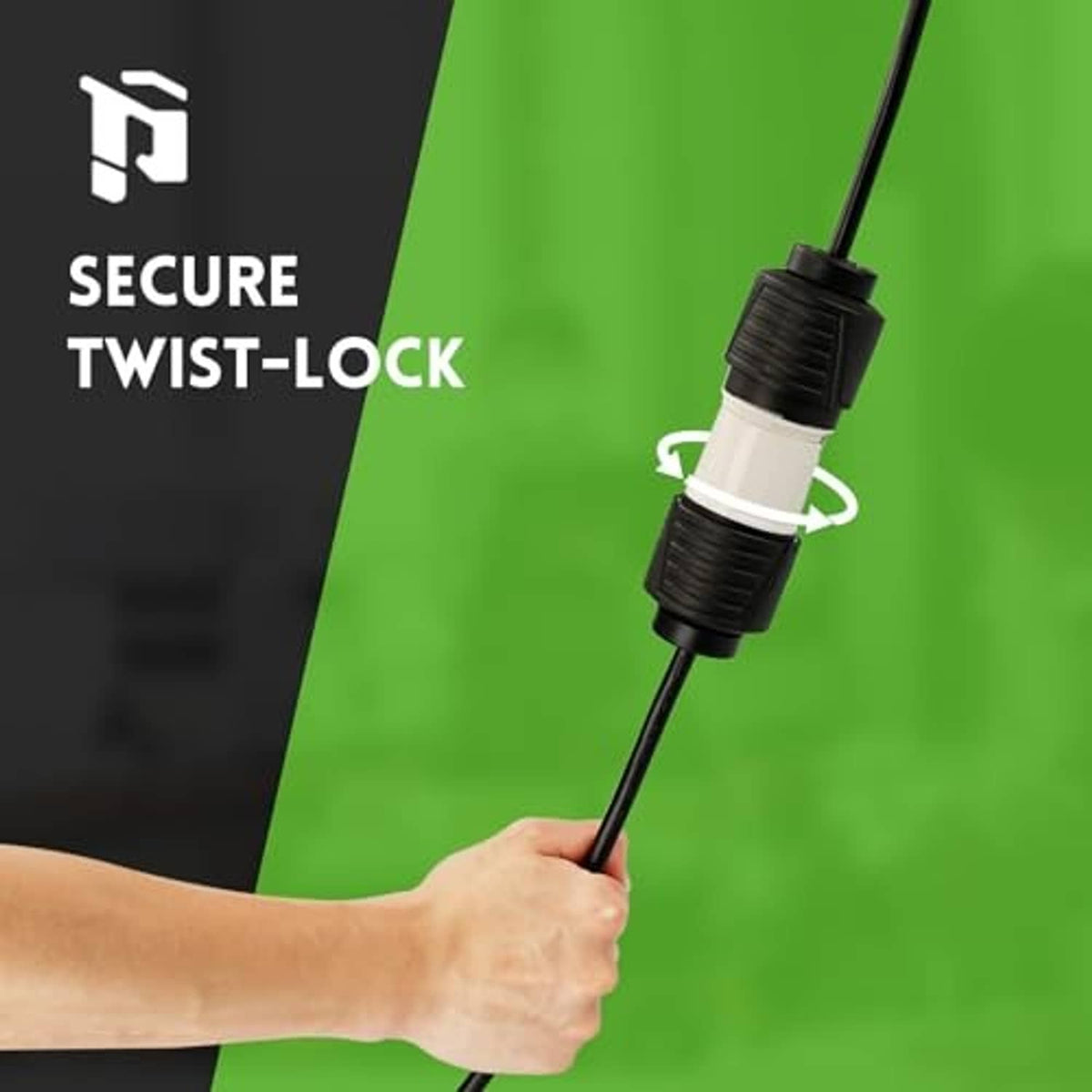 Locking generator twist-lock male plug on black cord, secure twist-lock design