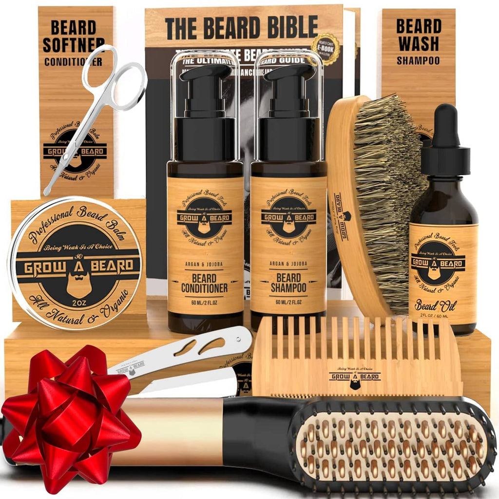 Beard grooming kit set with straightener, brush, comb, and amber bottles