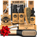 Beard grooming kit set with straightener, brush, comb, and amber bottles
