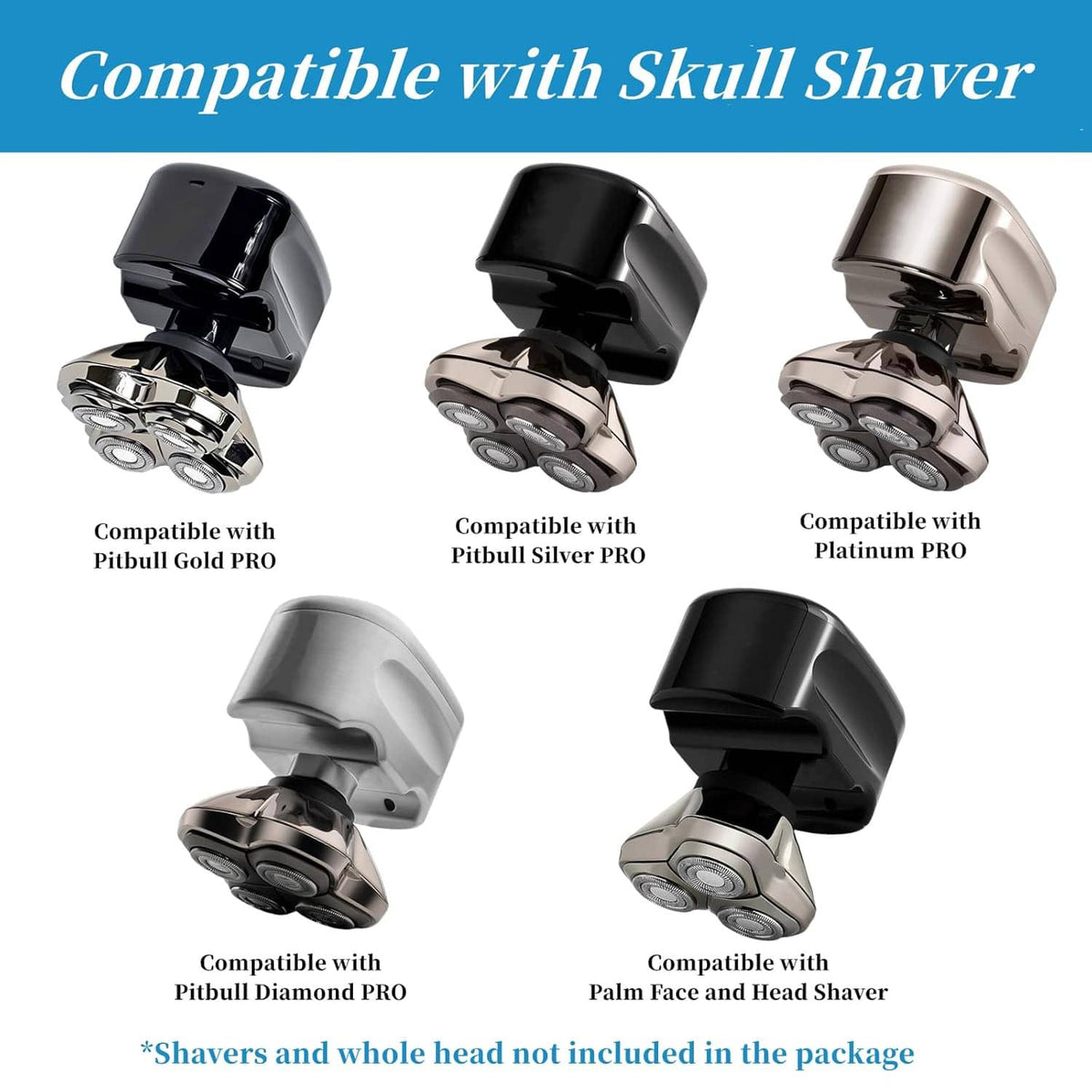 Compatibility shaver head replacement blades shown on three colored head units