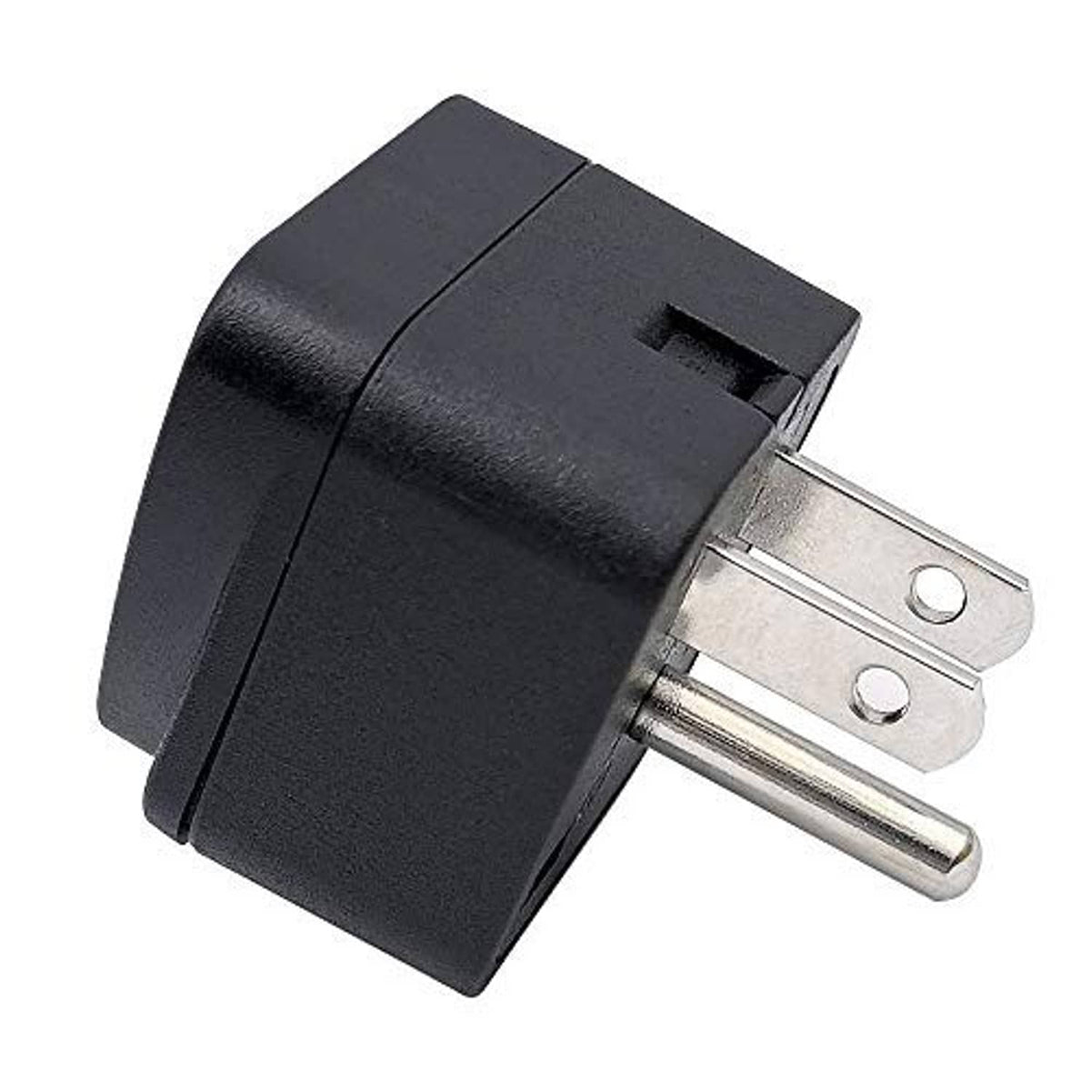 Black plug adapter with two prongs and angled housing for US outlet use