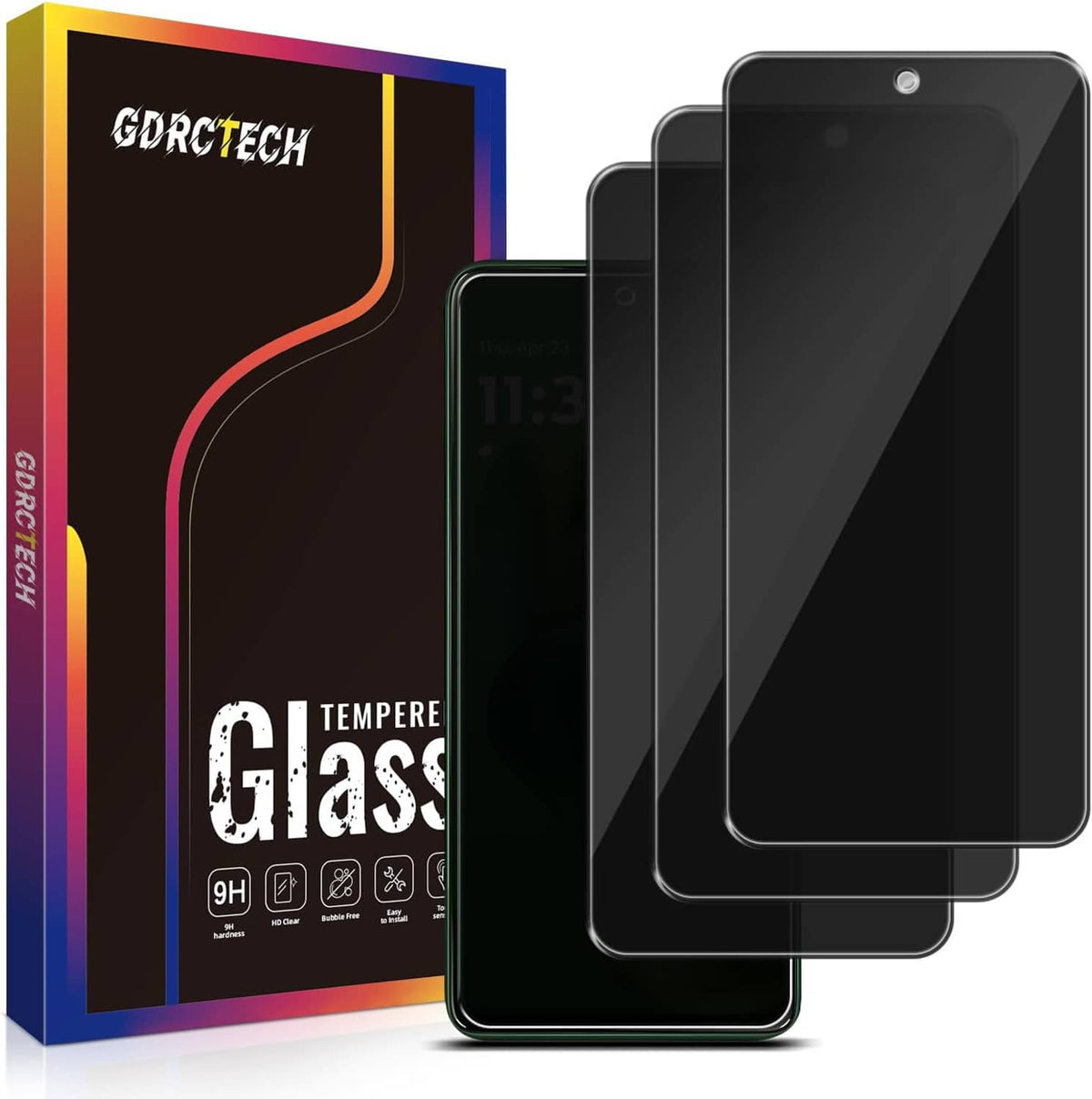 Set of three black tempered glass privacy screen protectors with rounded corners