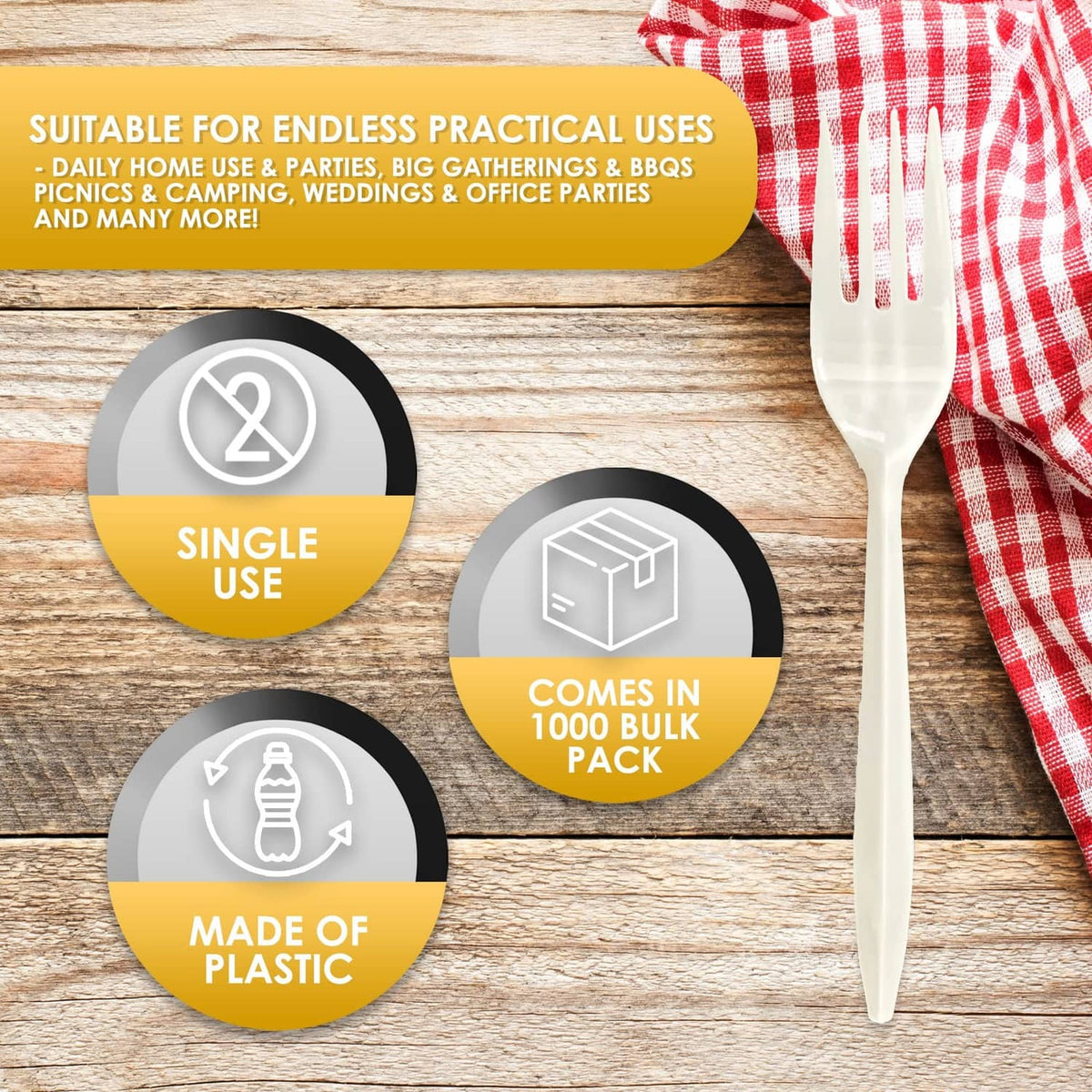 White disposable plastic forks, bulk 1000-pack; single-use icons
