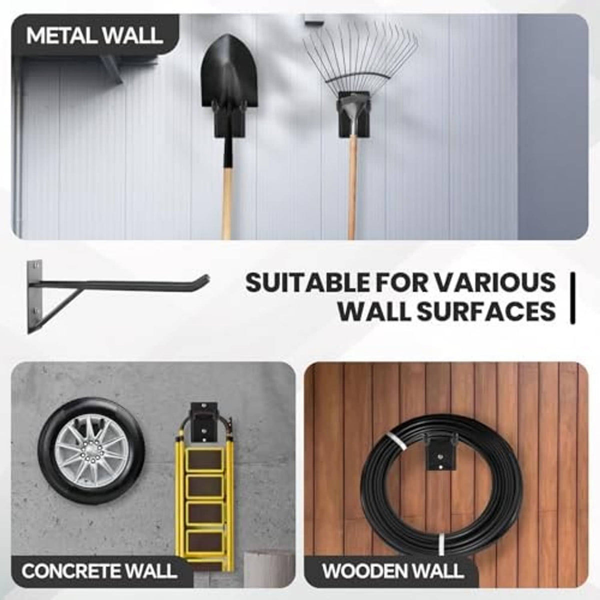 Black steel wall hooks with curved grips for mounting on various wall surfaces
